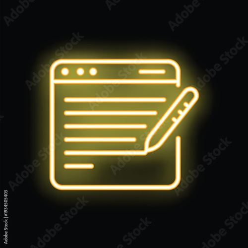Yellow neon sign illustrating a stylus pen writing on a website browser window on a black background