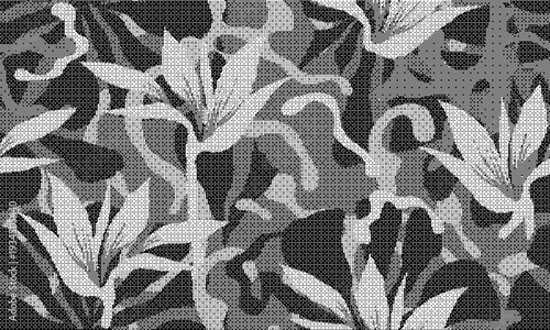 Black and white floral pattern with leaves on dark textured background