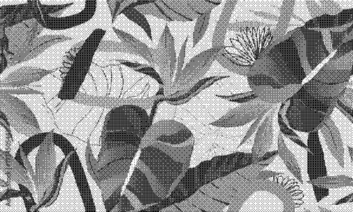 Black and white illustration of leaves and flowers on textured background