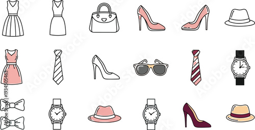 Collection of elegant dresses accessories and menswear fashion items illustrated