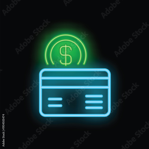 Green neon dollar sign above blue credit card representing online payment