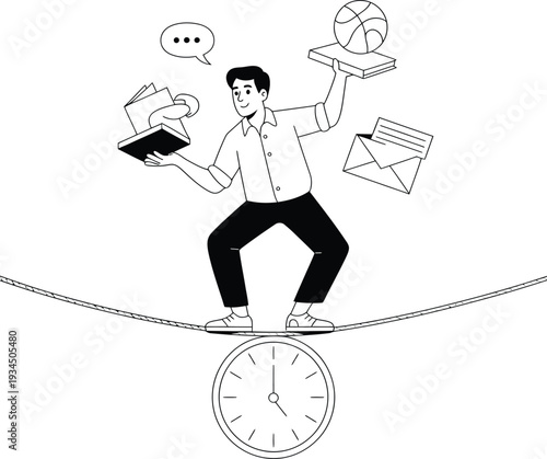 Man balancing on a tightrope above a clock with books, basketball, and mail, symbolizing work-life balance