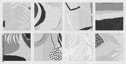 Collection of eight black and white abstract art pieces with different patterns and textures