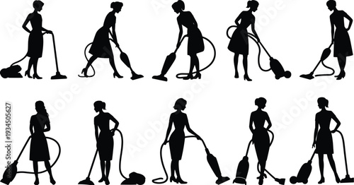 Woman cleaning house silhouettes collection, housewife vacuuming floor vector set, isolated black domestic cleaning illustration bundle