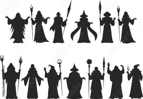 Wizard silhouettes collection, fantasy magic sorcerer characters with staff vector set, isolated black illustration bundle
