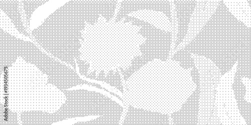 A gray and white floral pattern on a textured background with leaves and flowers