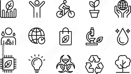 Black-and-white icon illustration set of environmental sustainability concepts including recycling, clean water, eco shopping, green technology, and conservation for ecology and awareness themes