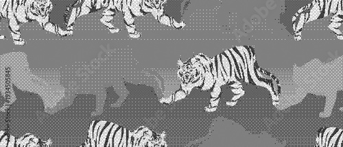 Monochromatic seamless pattern featuring multiple black and white zebras walking