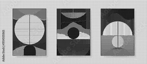 Geometric shapes in black and white on a gray background