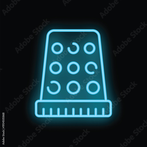 Blue neon icon of a grater glowing against a black background