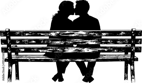 Romantic couple kissing on park bench, flat vector silhouette illustration of love relationship isolated on white