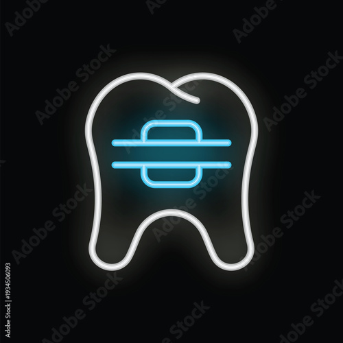 Glowing neon icon representing a tooth wearing braces, symbolizing orthodontic treatment and dental care