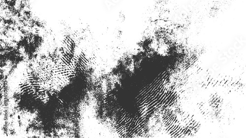 Abstract black and white textured background with fingerprint patterns and granular speckles