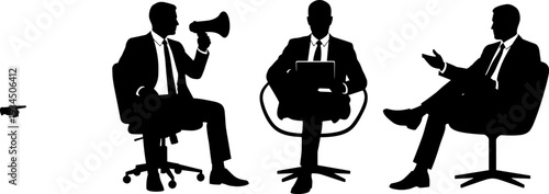 Businessman silhouettes set with megaphone and tablet, leadership and communication concept isolated on white background, flat vector illustration