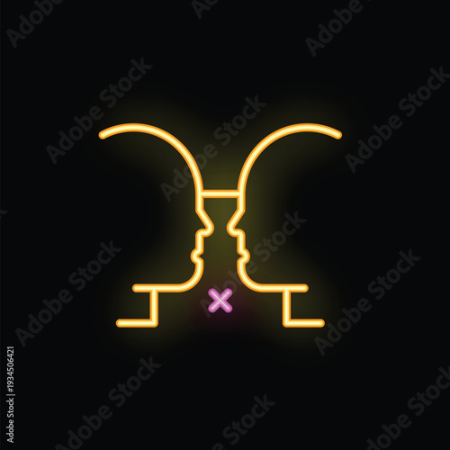 Neon sign depicting two people facing each other with a cross in the middle, symbolizing a lack of communication