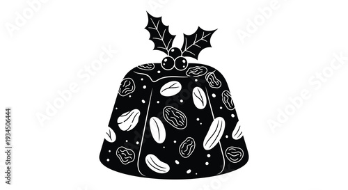 A festive black silhouette of a traditional christmas pudding decorated with holly and berries silhouette high quality professional