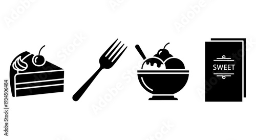 Black icons of dessert and utensils.