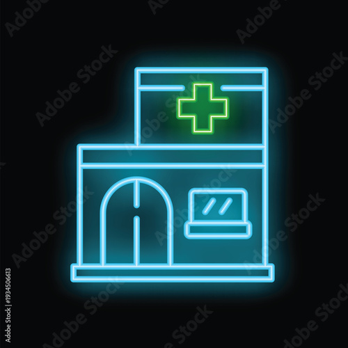 Neon sign is glowing in the dark, representing a hospital building with its green cross
