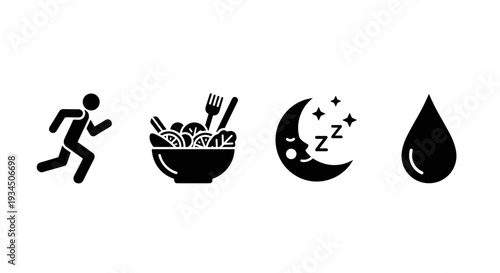 Black icons of fitness and food.