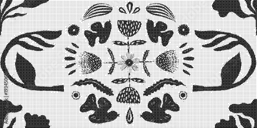 Intricate black and white symmetrical design with floral elements on a textured background