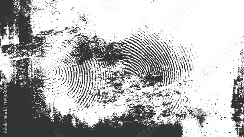 Black and white textured background with two distinct fingerprint patterns and grunge