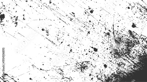 Black ink splatters and scratches on a white textured background abstract grunge