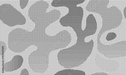 Monochromatic camouflage pattern with gray and white shapes on fabric texture