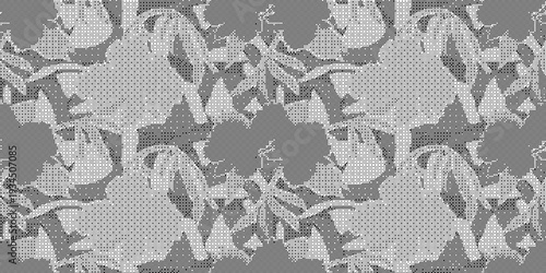 A seamless pattern of a repeating design featuring abstract shapes and leaves on a gray background with no distinct objects or animals