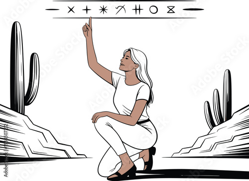 Woman pointing at celestial symbols in desert landscape with cacti, astrology theme