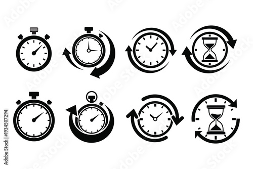 A collection of stopwatch and clock icons with circular arrows