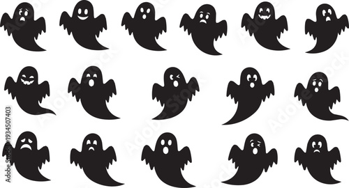 Spooky Halloween Ghost Silhouettes Collection with Diverse Facial Expressions and Emotions, Vector Set