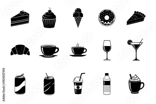 Black silhouette icons for desserts and beverages