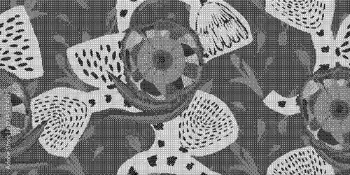 Black and white illustration of multiple flowers on a textured background with intricate details