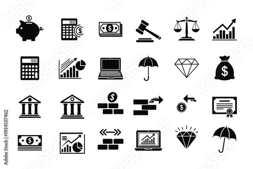 Collection of 20 black and white financial and business icons