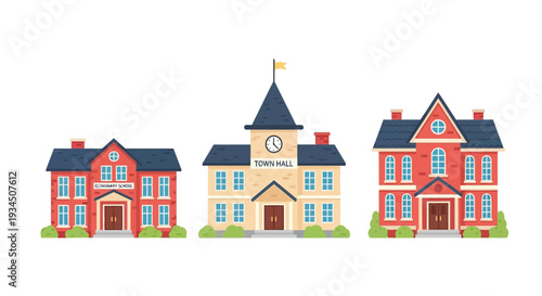 Colorful illustration depicting a town hall and two residential buildings