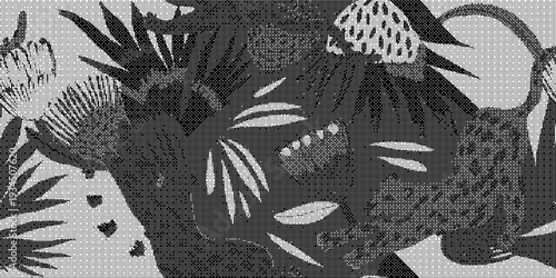Black and white floral pattern on textured background with leaves and flowers