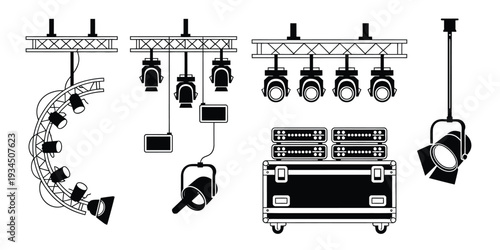 Stage Lighting Vector Icon Collection, Flat Style Illustrations Including Theater Spotlights, Concert Lighting, and Performance Symbols for Event Branding, Shows, and Digital Design Applications.