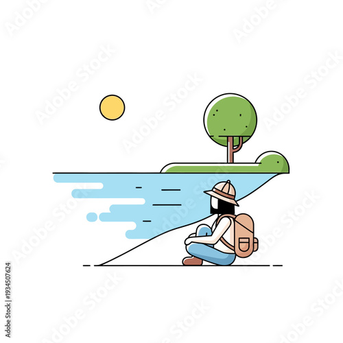 Lone traveler rests by tranquil lake under sun, contemplating nature's beauty.