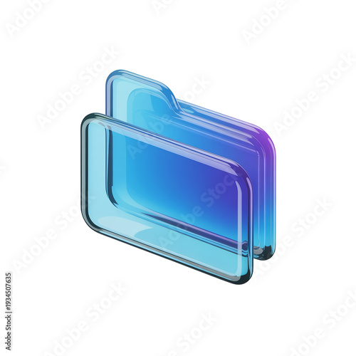 Glowing blue translucent glass folder icon with purple gradient and glossy reflections, isolated on transparent background for digital file management