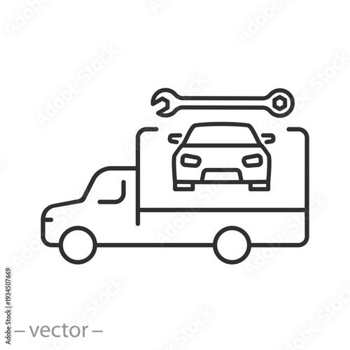 car service on road icon, mobile express auto station, on site service vehicle, outline editable vector