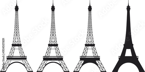 Eiffel Tower silhouette set, Paris landmark vector illustration isolated on white background iconic French architecture collection design