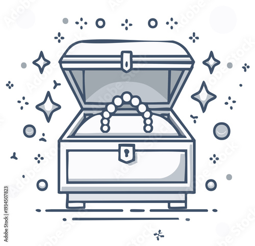 Open Treasure Chest with Pearl Necklace Illustration Shiny Stars Jewels