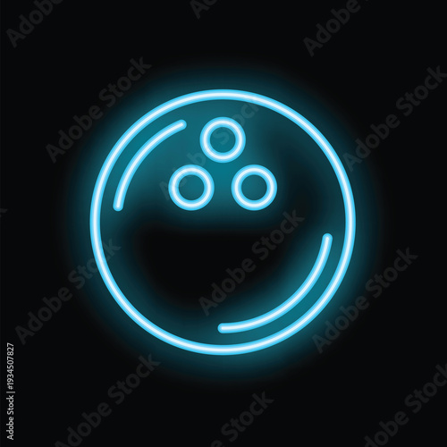 Blue neon sign of a bowling ball glowing on a black background