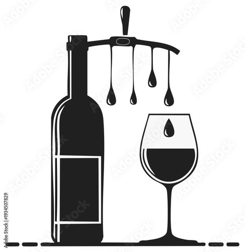 Stylized Wine Bottle and Glass Silhouette with Dripping Wine for Drink and Alcohol Themes