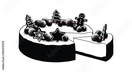 A festive black and white illustration depicts a christmas cake adorned with treats a striking silhouette high quality professional detailed