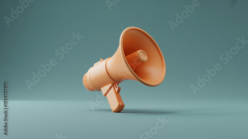 Minimalist orange megaphone 3d icon floating on clean blue background, marketing promotion and advertising communication concept