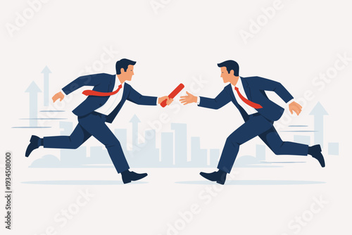 Businessmen Passing Baton in Relay Race Concept for Job Handover, Partnership, Teamwork, and Leadership Succession. Professional Corporate Men in Suits Running to Achieve Success and Growth.