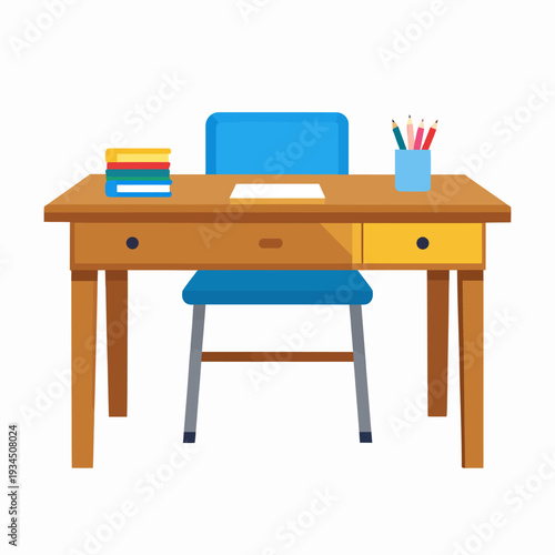 Illustrated front-view of a cartoon-style desk with chair, books, notepad, and cup on a flat white background, depicting a tidy study workspace for students