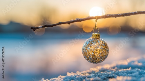 Winter season scene with a decorative ornament hanging on a branch