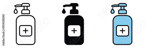 Hand sanitizer icon set with protection and COVID-19 antiseptic symbols, editable stroke linear vector graphics for infection control, hygiene campaigns and professional medical design applications.